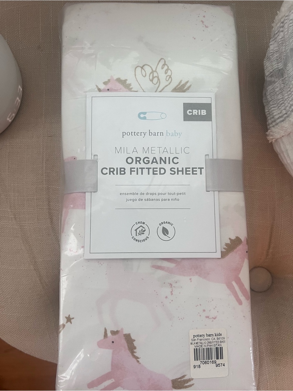 Pottery Barn Mila Metallic Organic Crib Fitted Sheet - Pink Unicorn
